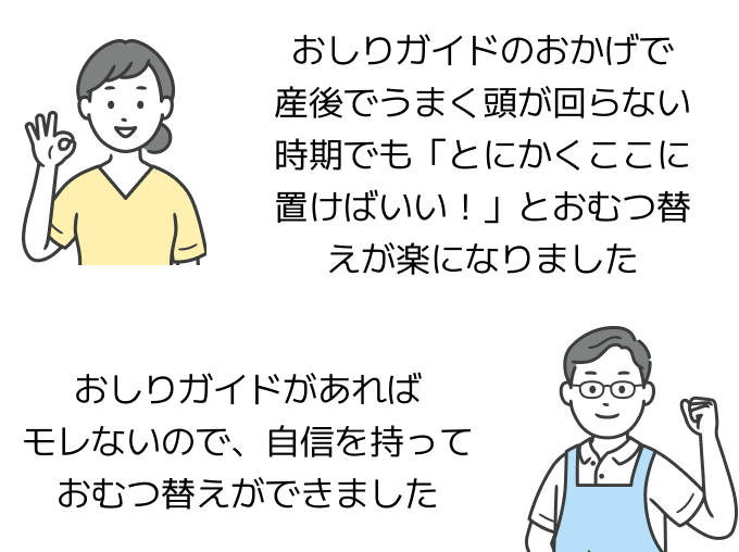 おしりガイドのおかげで産後でうまく頭が回らない時期でも「とにかくここに置けばいい！」とおむつ替えが楽になりました, おしりガイドがあればモレないので、自信を持っておむつ替えができました