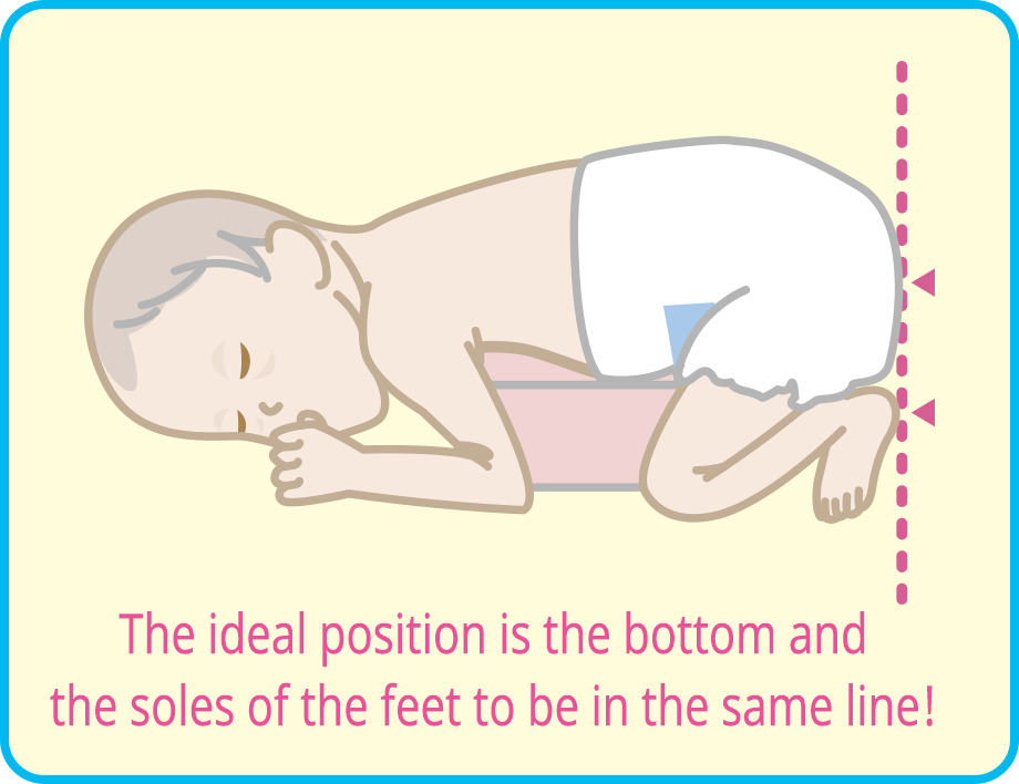 The ideal position is the bottom and the soles of the feet to be in the same line!