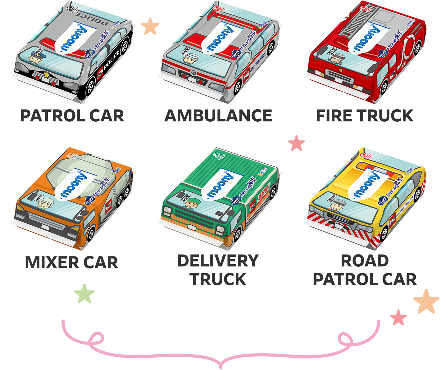 Individually Wrapped Package Designs: PATROL CAR,AMBULANCE,FIRE TRUCK,MIXER CAR,DELIVERY TRUCK,ROAD PATROL CAR