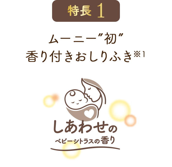 特長1, ムーニー初, 香り付きおしりふき,しあわせのベビーシトラスの香り