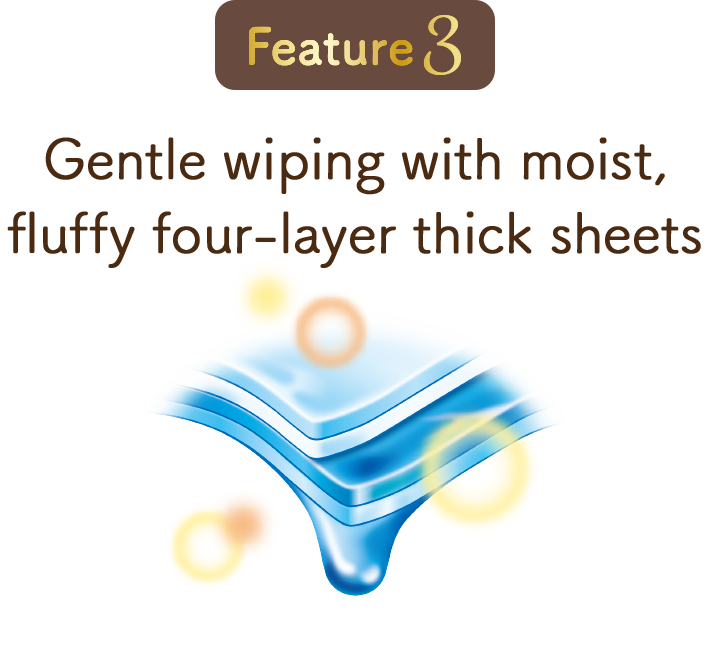 Feature 3, Gentle wiping with moist, fluffy four-layer thick sheets