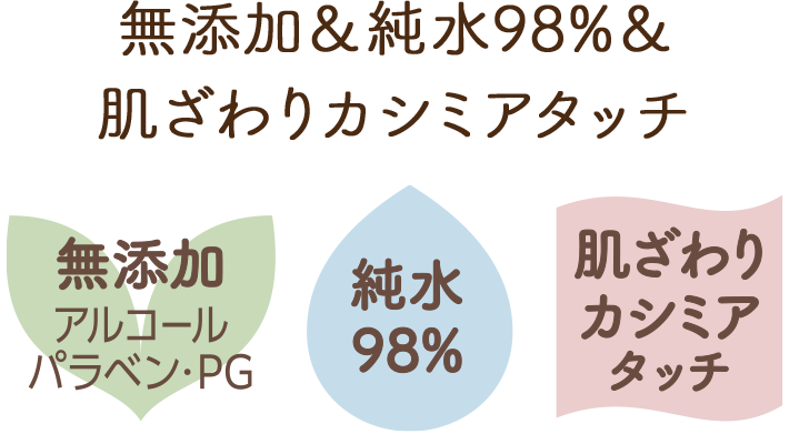 無添加, 純水98%, 肌ざわりカシミアタッチ