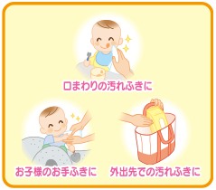 口まわりの汚れふきに, 外出先での汚れふきに, お子様のお手ふきに 