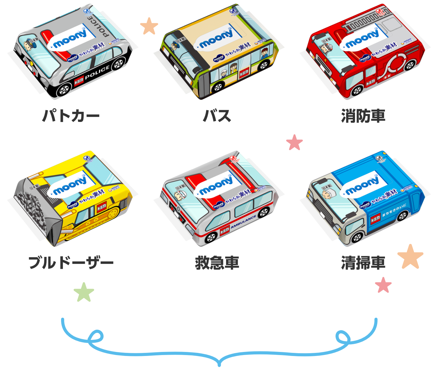 パトロールカー/バス/消防車/ブルドーザー/救急車/清掃車