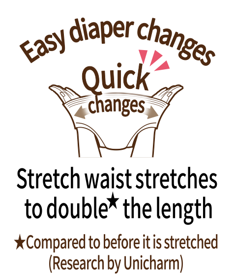 Easy diaper changes, Stretch waist stretches to double the length