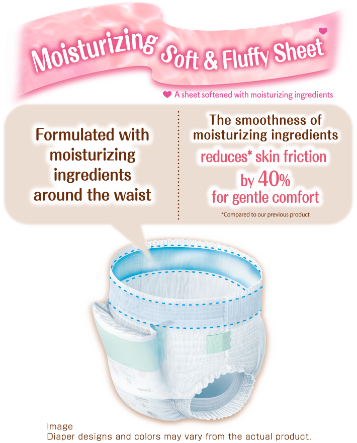 Moisturizing Soft & Fluffy Sheet, Formulated with moisturizing ingredients around the waist. The smoothness of moisturizing ingredients reduces* skin friction by 40% for gentle comfort, *Compared to our previous product