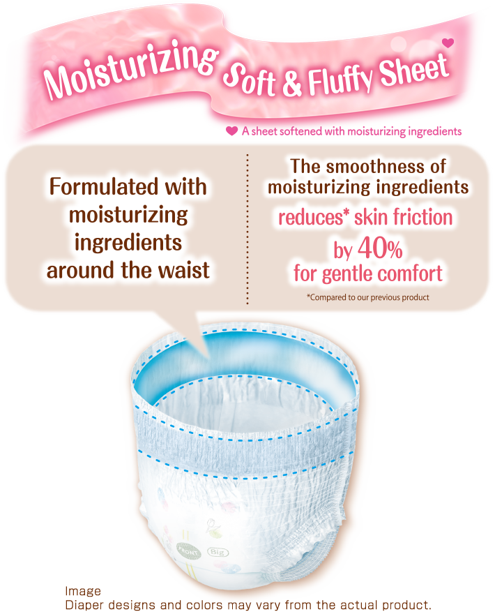Moisturizing Soft & Fluffy Sheet, Formulated with moisturizing ingredients around the waist. The smoothness of moisturizing ingredients reduces* skin friction by 40% for gentle comfort, *Compared to our previous product